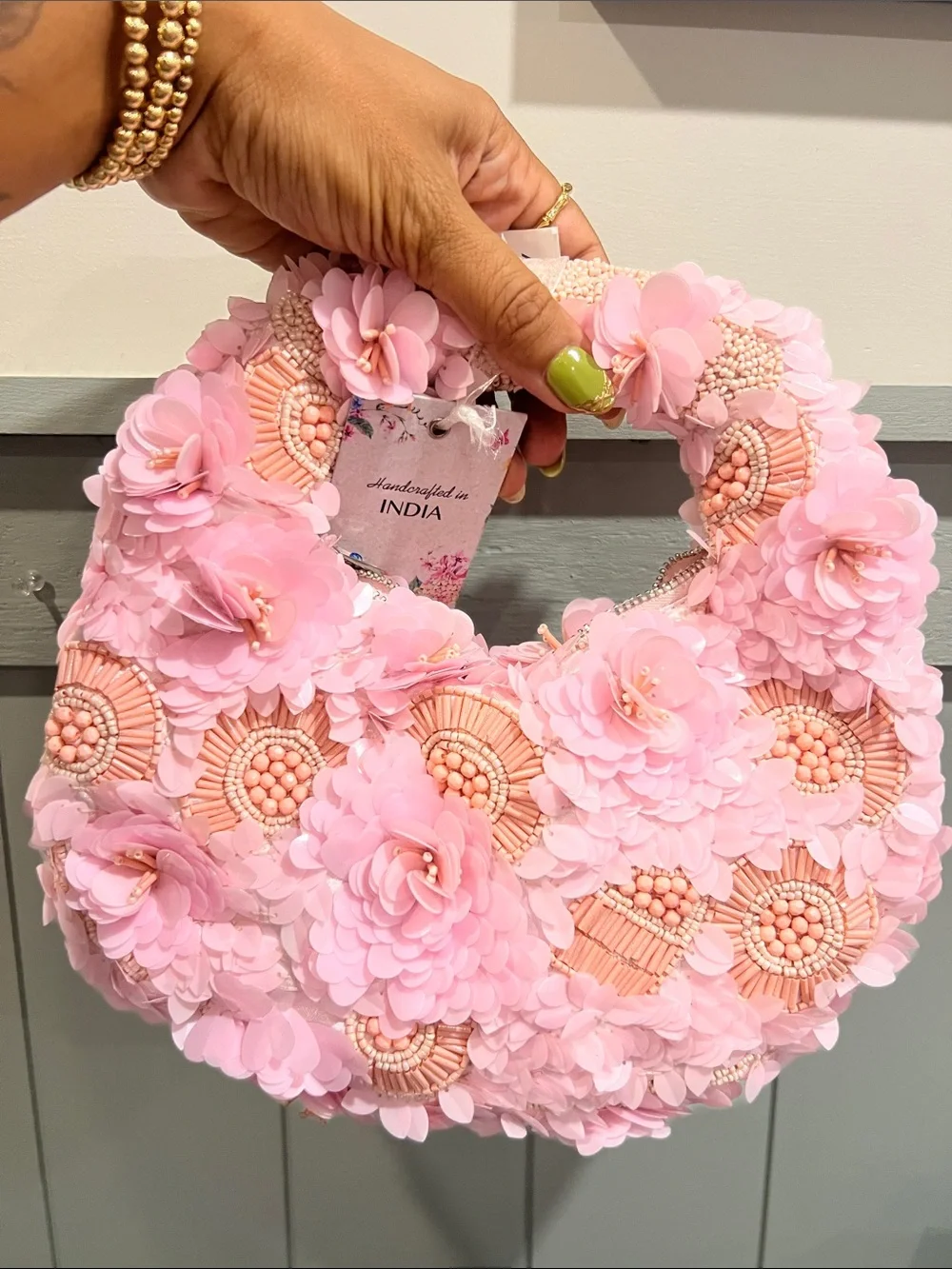 Handcrafted Pink Floral Beaded Tote - India